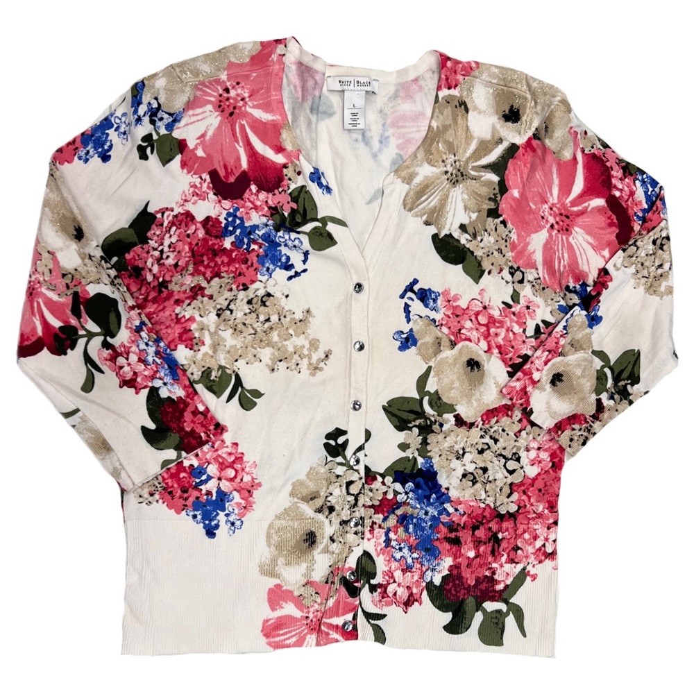 White House Black Market Floral Cardigan with gemstone snap buttons.
